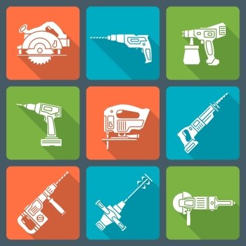 flat design white silhouette house remodel power tools icons. vector flat style white silhouette house repair electric devices icons with shadow set