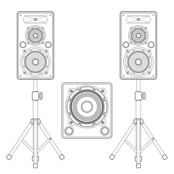 dark contour loudspeakers on stands and subwoofer technical illustration. vector dark outline loudspeakers kit satellites on stands and subwoofer technical illustration
