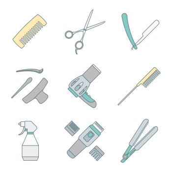 vector hairdresser barber tools equipment colored outline icons set

