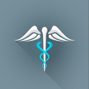 vector colored flat design caduceus white wing blue snake Rod of Asclepius symbol illustration isolated dark background long shadow
