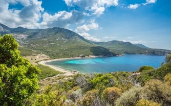 The maquis, beach and sea at the Baie de Nichiareto on the west coast of Corsica